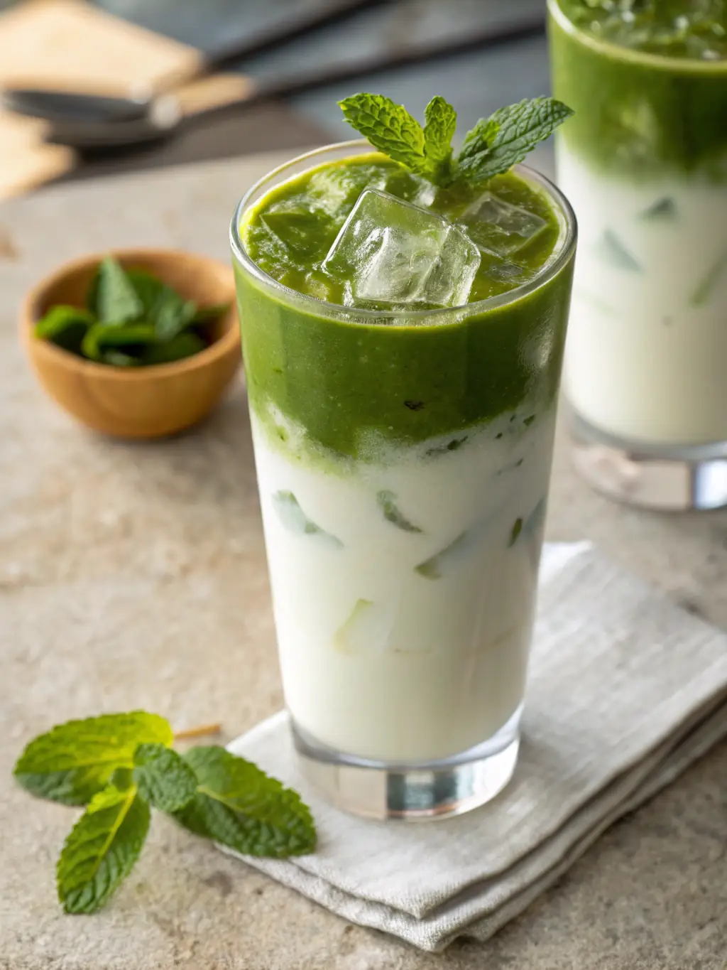 A refreshing iced matcha latte with visible layers of matcha, milk, and ice, garnished with a sprig of mint.
