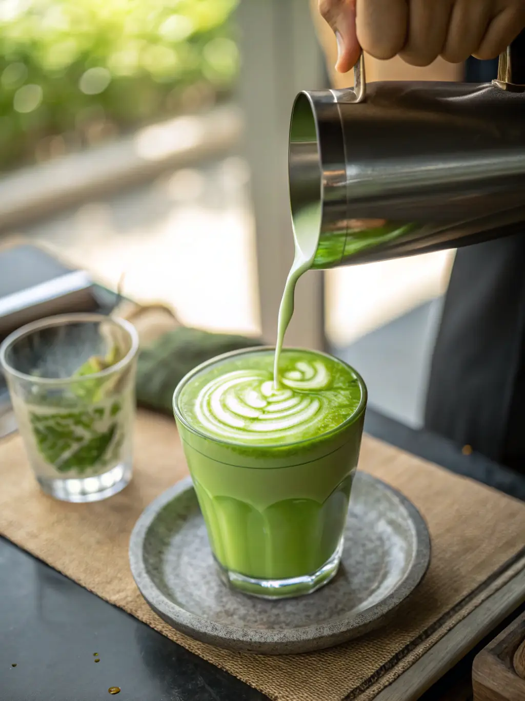 A close-up shot of a vibrant green matcha latte being poured into a clear glass, showcasing the creamy texture and rich color.