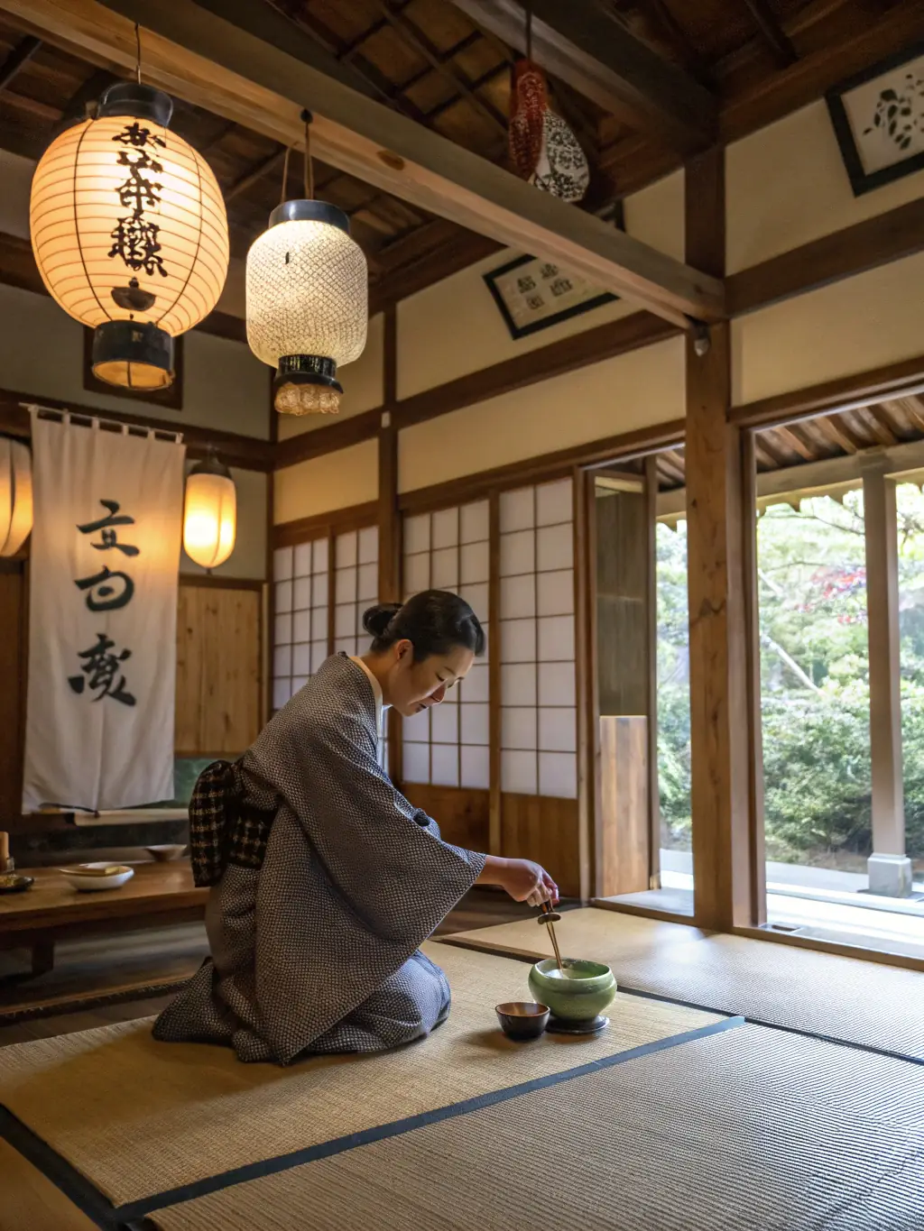 A traditional matcha tea ceremony setup with a bowl of vibrant green matcha, a whisk, and a bamboo spoon.