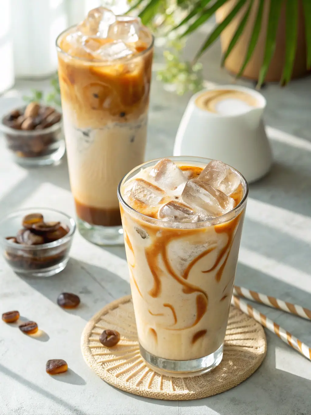 A refreshing iced coffee with ice cubes and a splash of milk, highlighting its coolness and invigorating taste.
