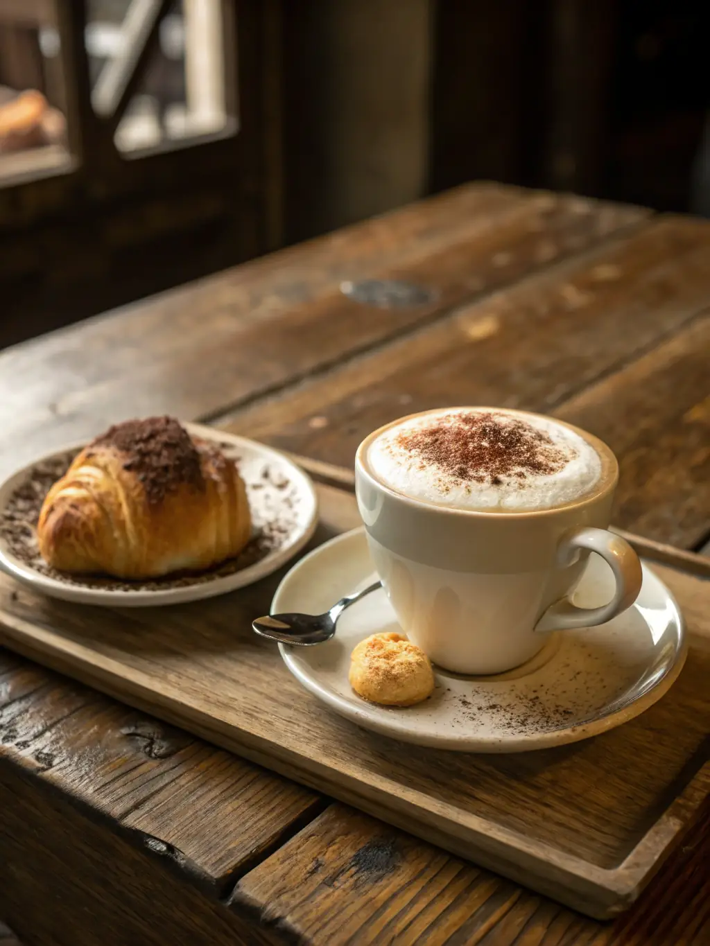 A vibrant cappuccino with a thick layer of foamed milk, topped with a delicate dusting of cocoa powder, served in a ceramic cup with a biscotti on the side.