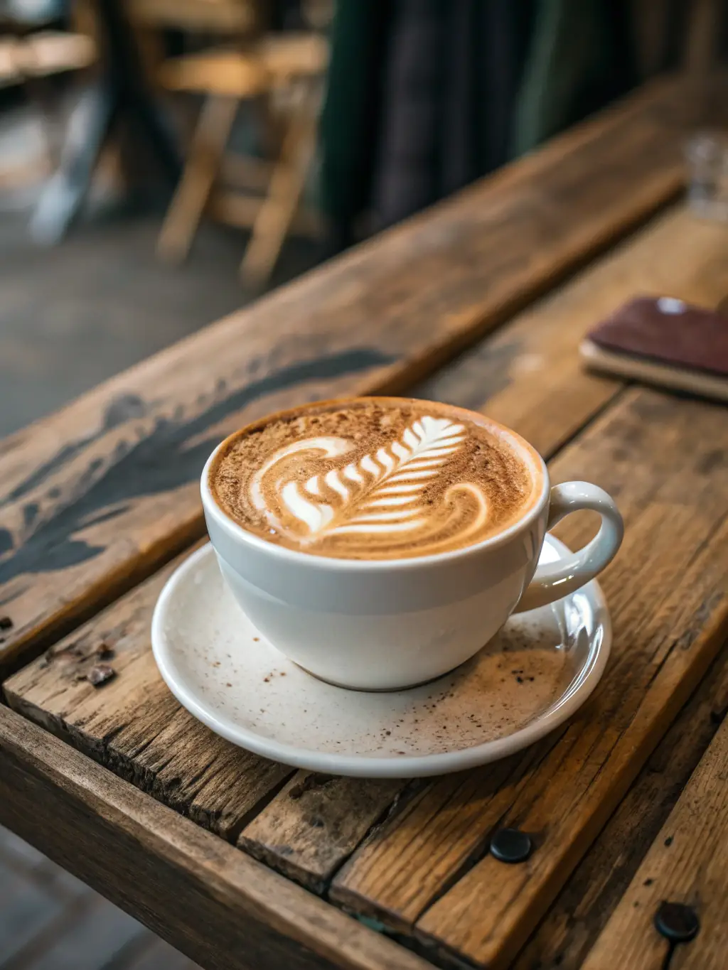 A close-up shot of a perfectly layered latte with distinct layers of espresso and steamed milk in a clear glass, showcasing the rich colors and textures, placed on a wooden table in a cozy cafe setting.