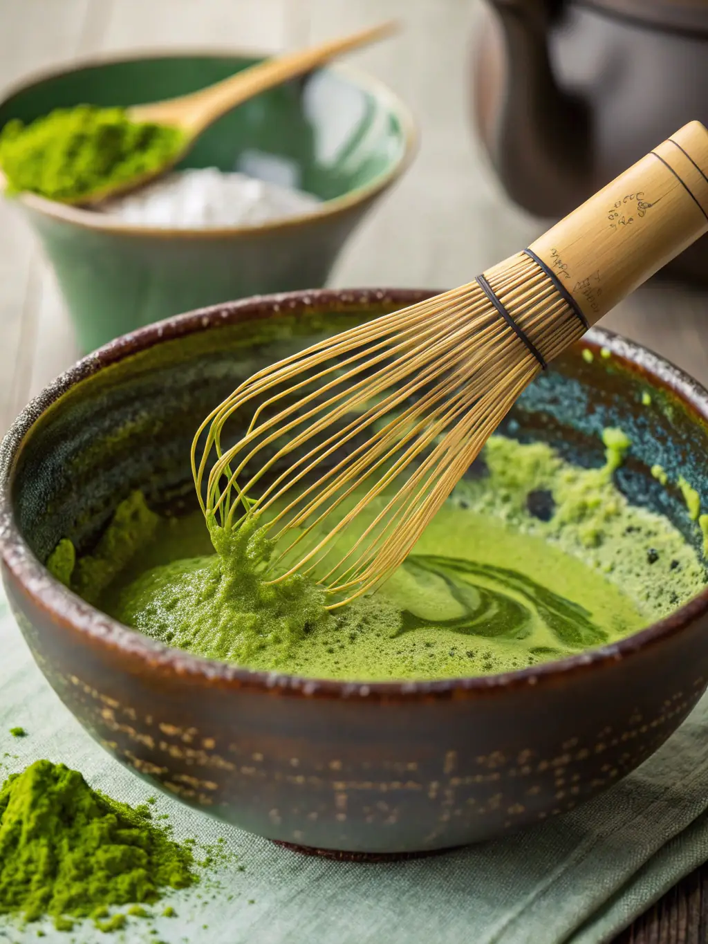 A close-up shot of a bowl of ceremonial grade matcha being whisked with a bamboo whisk, showing the frothy texture and vibrant green color, with traditional Japanese tea ceremony tools in the background.