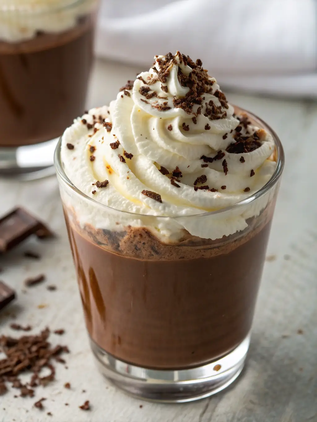 A rich and creamy mocha with a swirl of chocolate syrup and a dollop of whipped cream, topped with chocolate shavings, served in a glass mug.