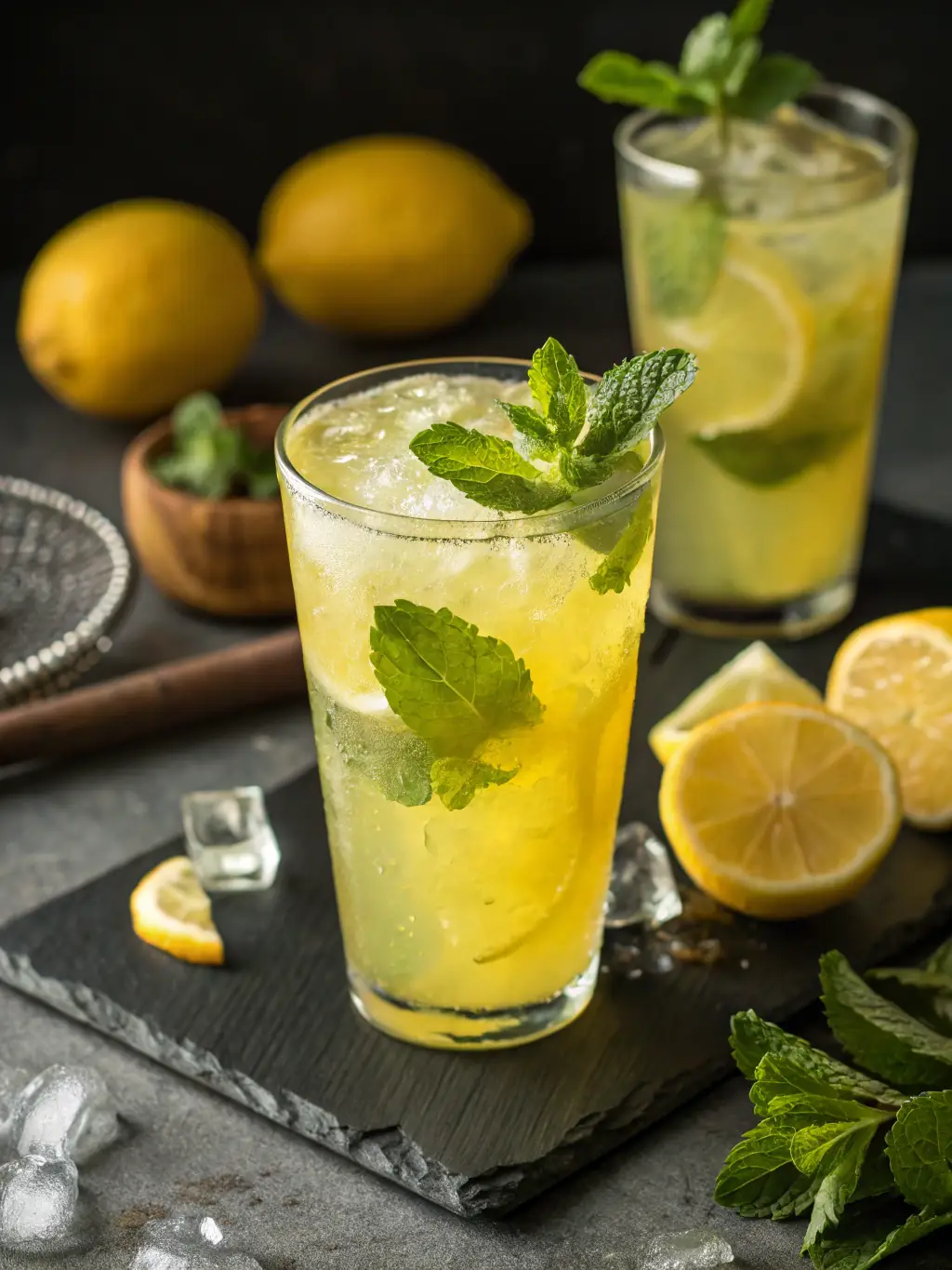 A refreshing iced matcha lemonade in a tall glass with ice cubes and a lemon slice, highlighting the contrast between the green matcha and the yellow lemonade, set against a bright, sunny background.